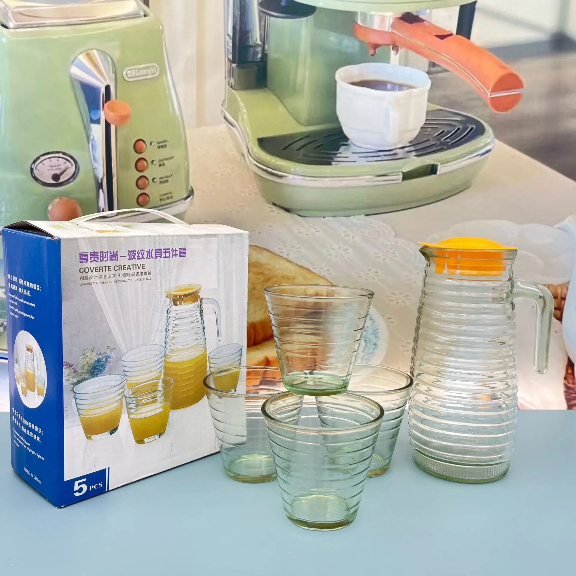 5pcs glass water pitcher and cups set with stripes glassware glass jug set water juice dispenser beer mug