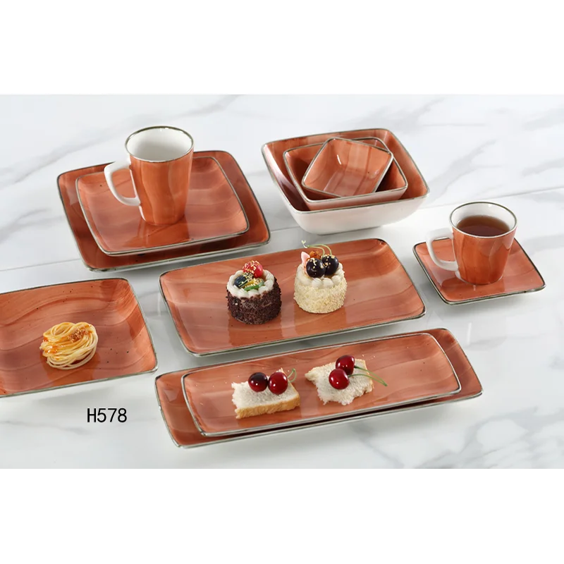 Wholesale New Blue Square Bowl Plate Porcelain Fish Plates Dinnerware Cup Color Ceramic for Home Carton Dinnerware Sets Country