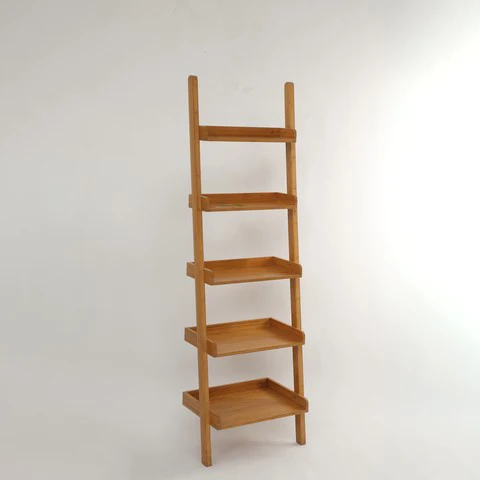 5-Tier Bamboo Ladder Shelf Bookshelf Organizer Storage Rack with Elegant Leaning Design for Living Room Furniture