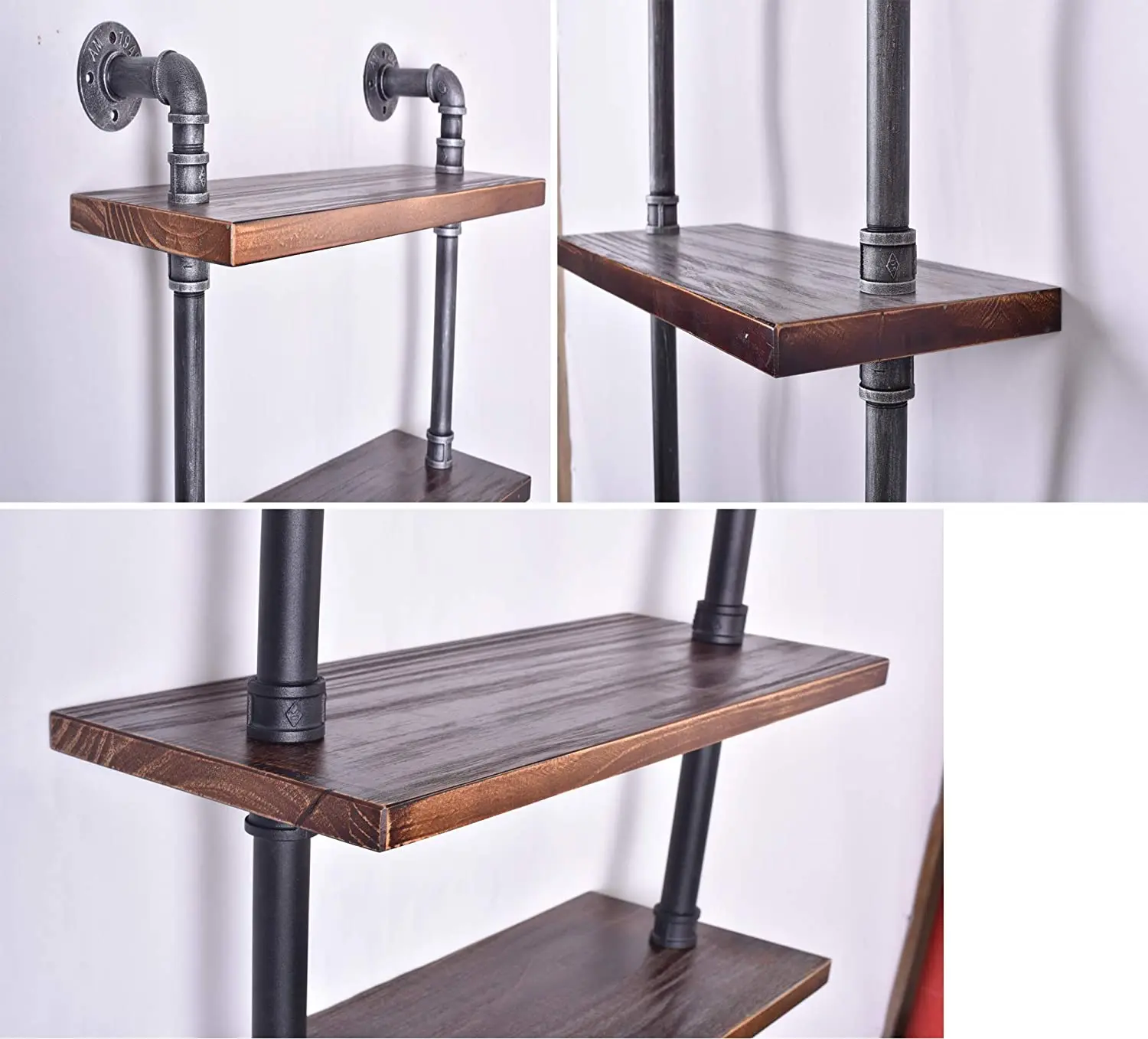24 Width Industrial Pipe Shelves Rustic Modern Wood Ladder with Metal Frame Pipe Wall Shelf Wood Storage Home Decor