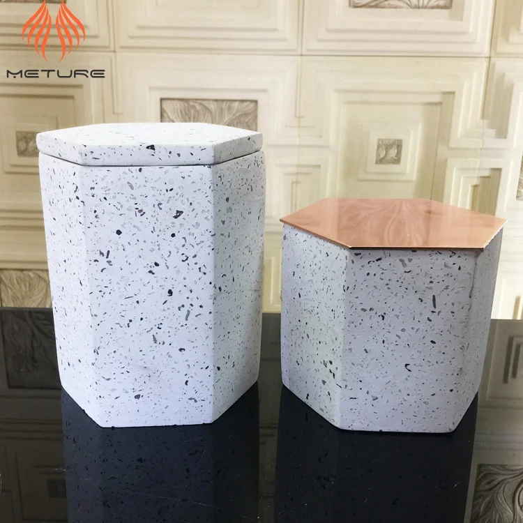 Large hexagon shape white terrazzo cement candle jar with metal lids
