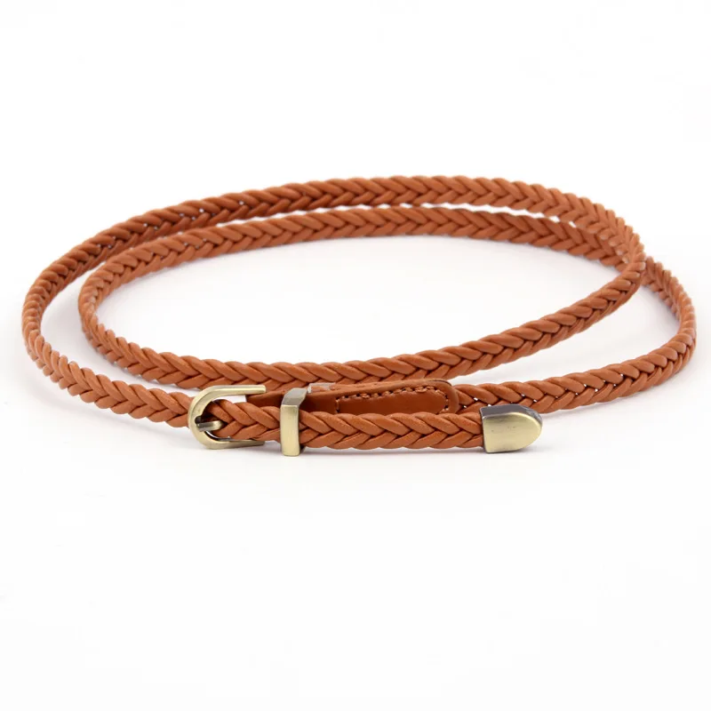 2022 Trend Women Handmade Candy Colors Ladies Belt Knit Weave Thin PU Faux Skinny Braided Leather Womans Belt for Casual Dress