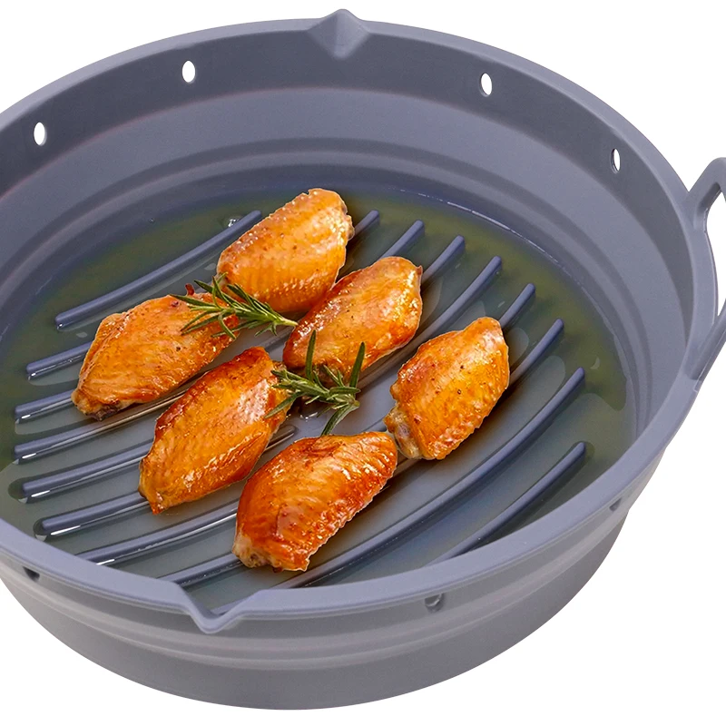 BPA Free Collapsible Round Reusable Silicone Air Fryer Basket Easy-clean Baking Mat Tray Cake Pan Air Fryer Liners Silicone Pot
