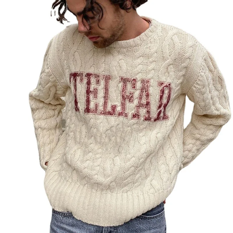 Мужской приталенный вязаный свитер, пуловер с круглым вырезом и модным принтом, осень 2021