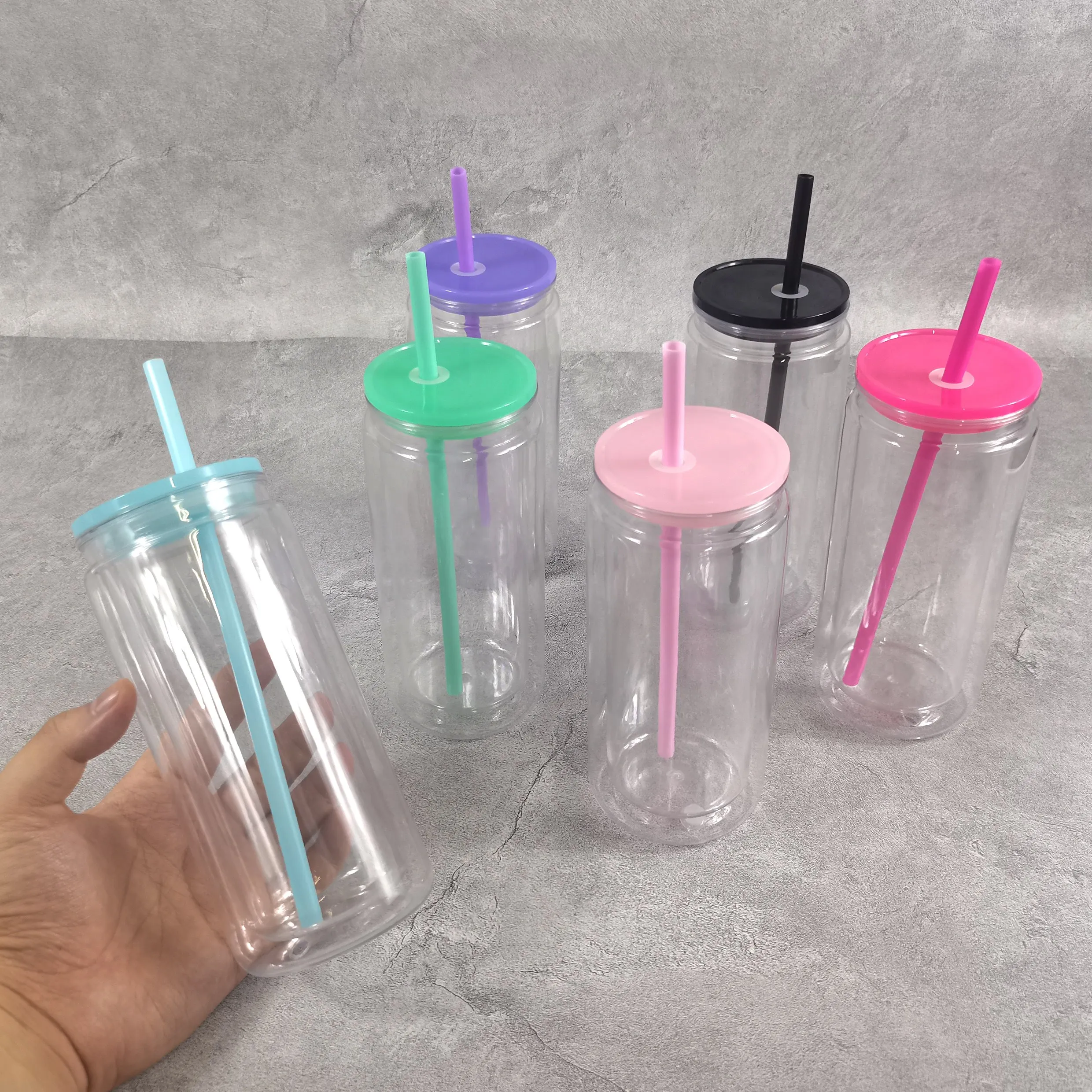 Reusable 16oz 20oz Transparent Snow Globe Plastic Cup with Lid and Straw Double Walled Pre-drilled Glitter Acrylic Can Tumbler