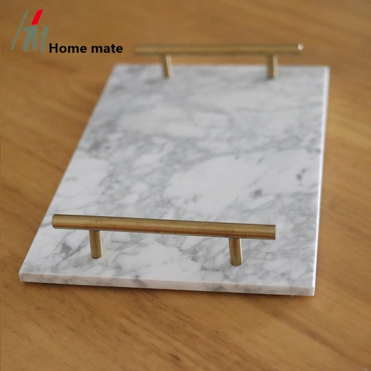 Hotel Decorations Home Luxury Rectangle Food Serving Marble Tray With Gold-Tone Handles
