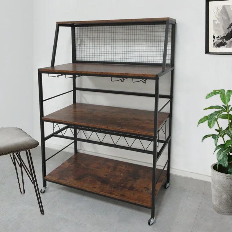 2023 hot saling OEM Kitchen Trolley Large Capacity 3-tier Storage Shelf with Wire Mesh Wine Holders