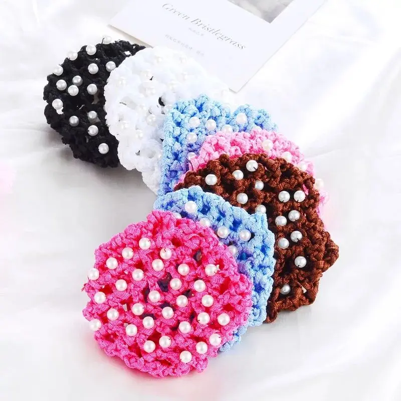 Cute Beautiful Bun Cover Snood Hair Net Ballet Dance Skating Crochet with Pearl