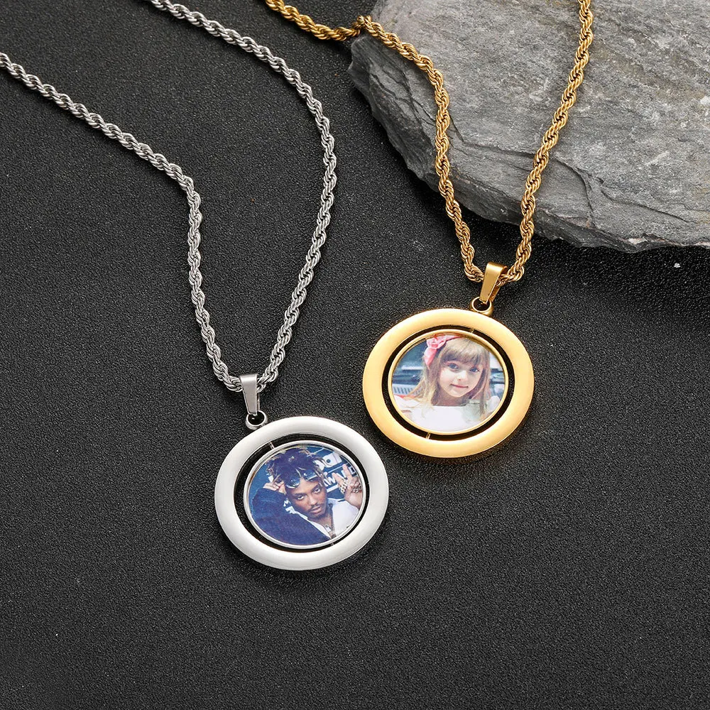 Hip Hop Stainless Steel Double-Sided Rotating Circular Photo Pendant DIY Creative Photo Frame Necklace Jewelry
