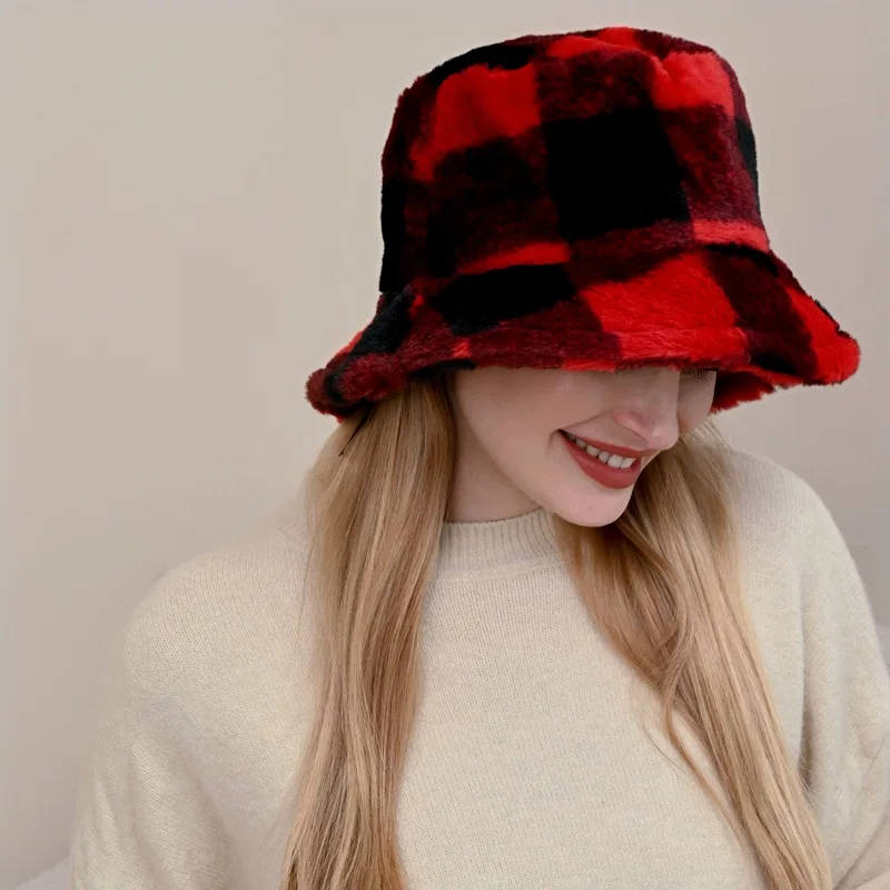 Hot Sale checked Textured Winter Warm high quality Plush Fabric Bucket Hat Teddy Faux Fur Bucket Panama Fisherman Cap Hats