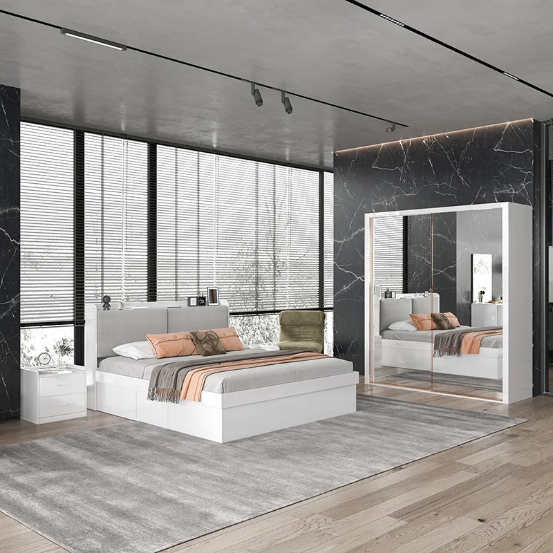 new arrival bedroom furniture set luxury king size bed classic up-holstered &sliding door wardrobe high gloss mdf bedroom sets