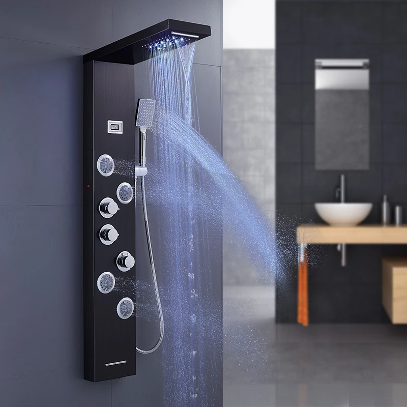 Luxury Black LED304 Stainless Steel Shower Panel Wall Mounted Massage Modern Bathroom Shower System Column Vertical Panel Tower