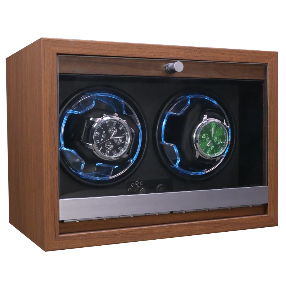 Wholesale Walnut Luxury Black Wood Automatic Watch Winder 2 Watches Box and Safe Cabinet Rotating Watch Storage Case