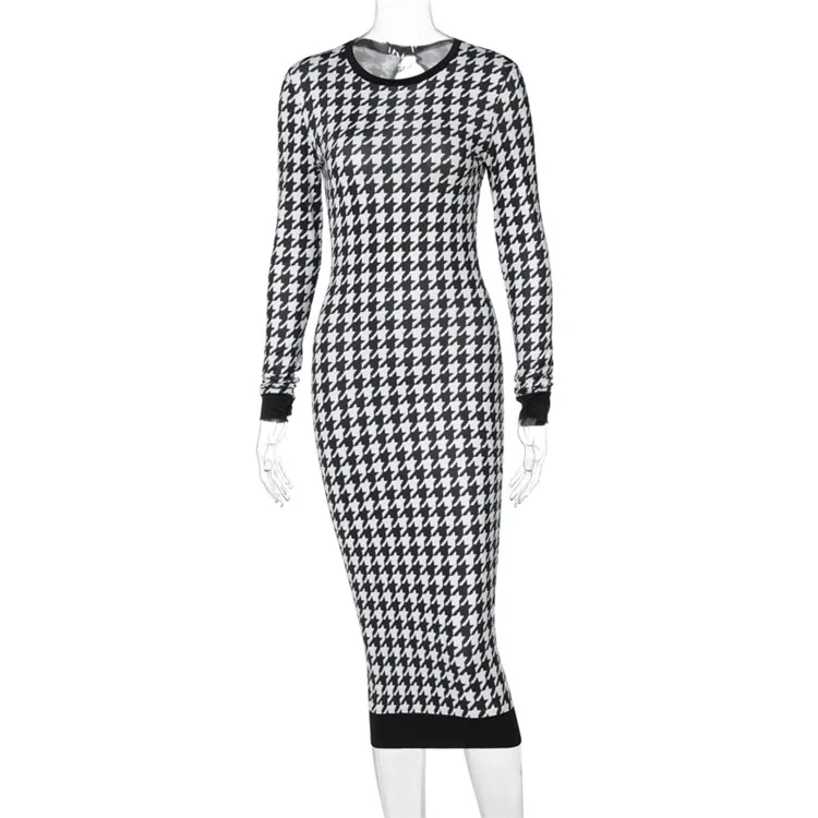 Wholesale fall winter ladies slim long sleeve round neck back hollow backless Nipped Waists print houndstooth women dress