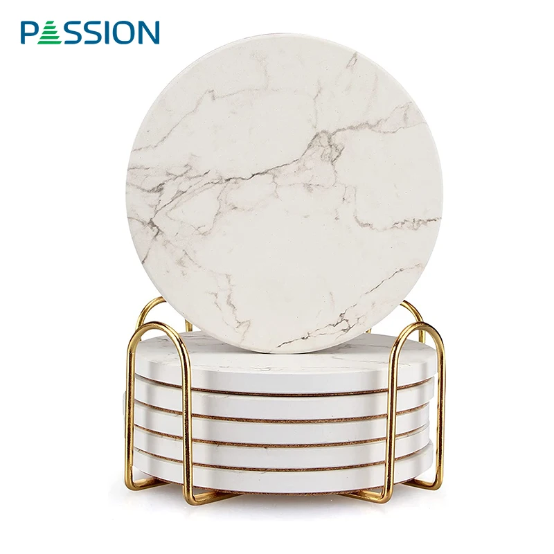 Promotional Customized Set of 6 with Holder Round Absorbent Ceramic Bar Coaster with Cow Pattern Printed and Cork Base