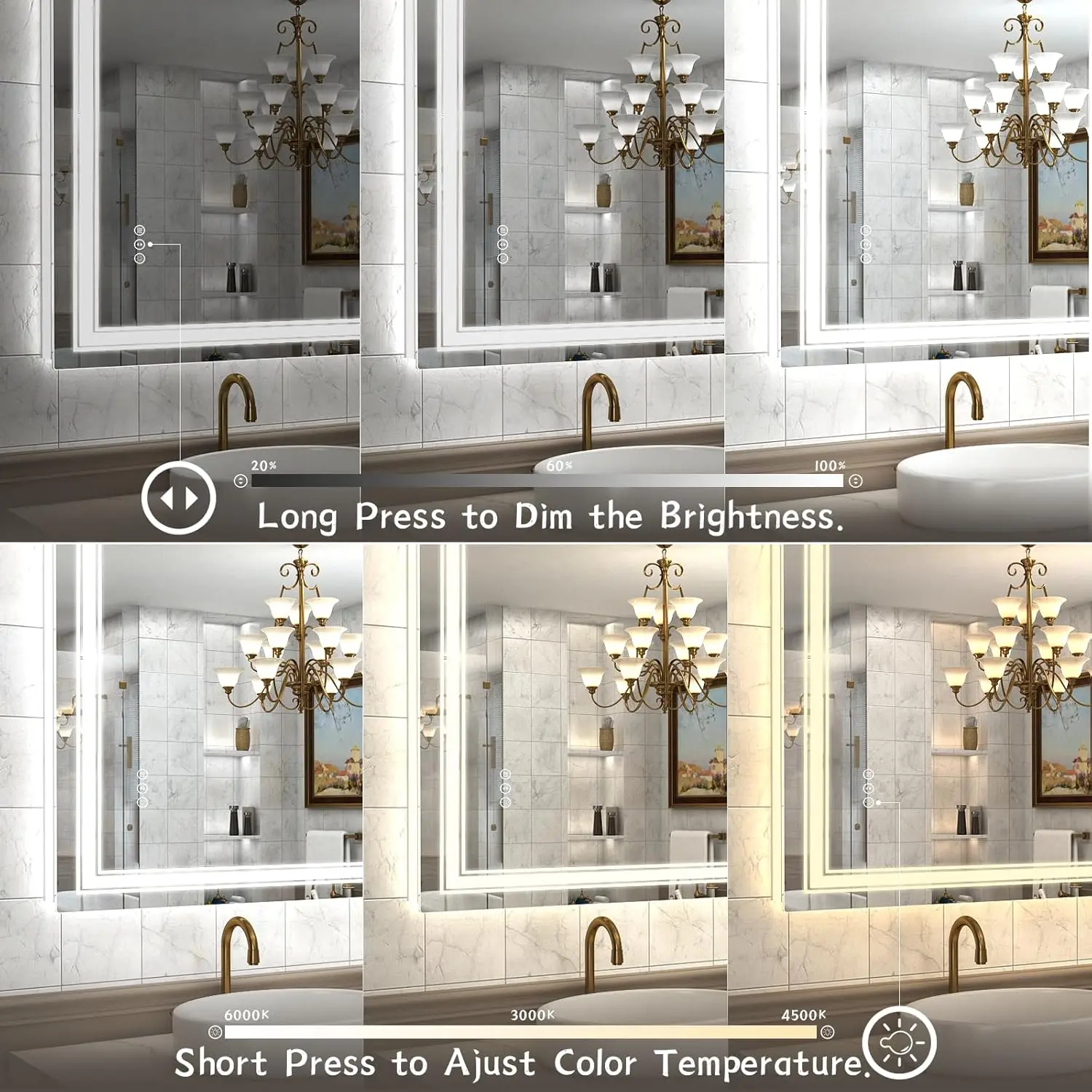 JH Glass  LED Bathroom Mirror Dimmable Anti-Fog Shatterproof Memory Lighted Wall Backlit Frontlit Anti-Fog Bathroom Mirror