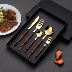 Latest Designs 5 Piece Home Hotel Gold Forks Bulk Gold Stainless Steel Flatware Set With Wooden Handle