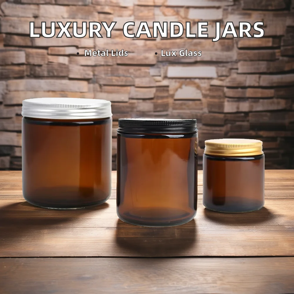 Luxury Empty Christmas Candle Jars Clear Amber Straight Sided Glass with Aluminum Metal Lids