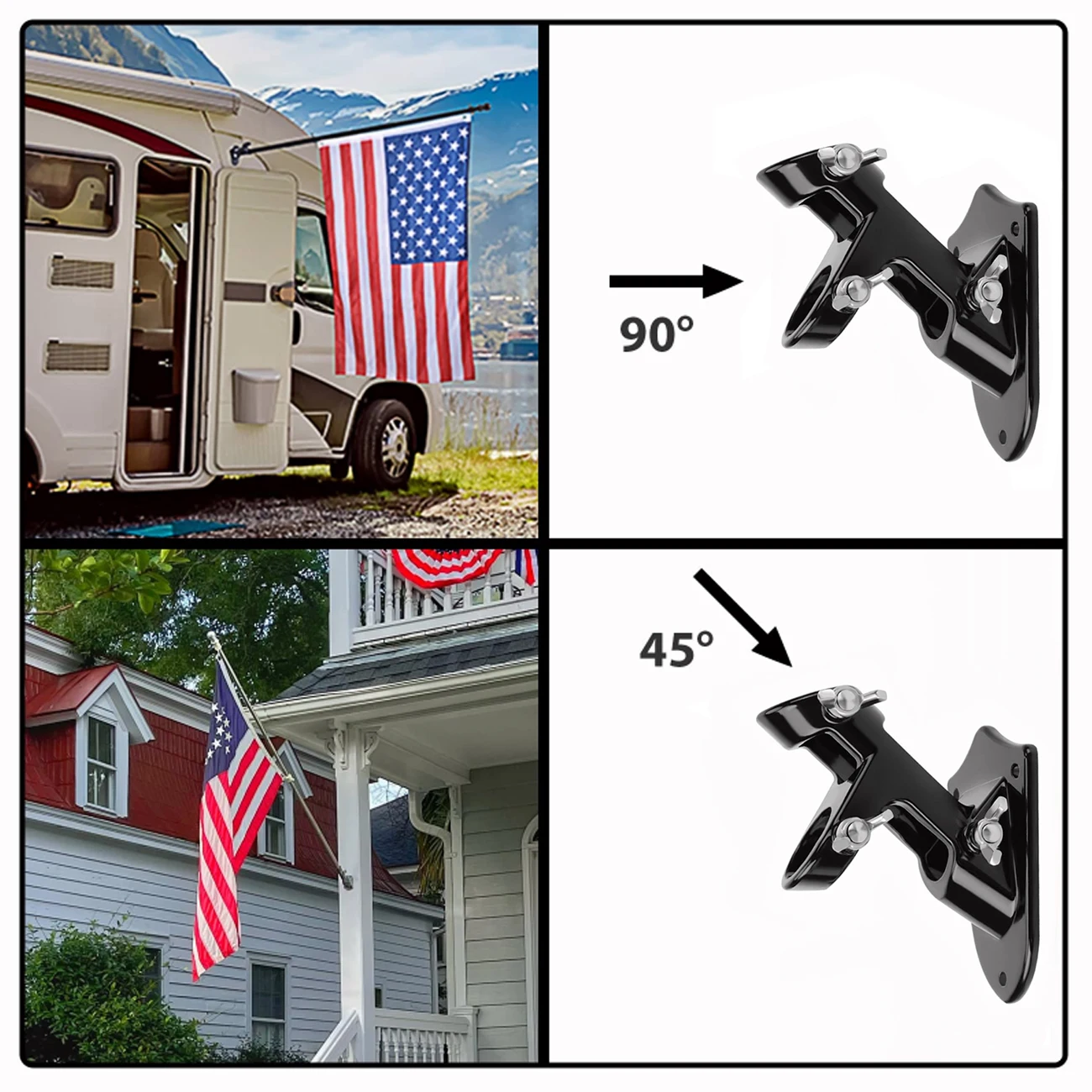 6ft metal outdoor wall mounted flagpole with 2 tangle free ball bearing rings and aluminum base. (Flag not included)