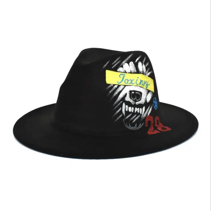 
Classic Wide Brim Floppy Panama Hat Hand Painting Felt Wool Fedora Hat Unisex Jazz Hats Custom 