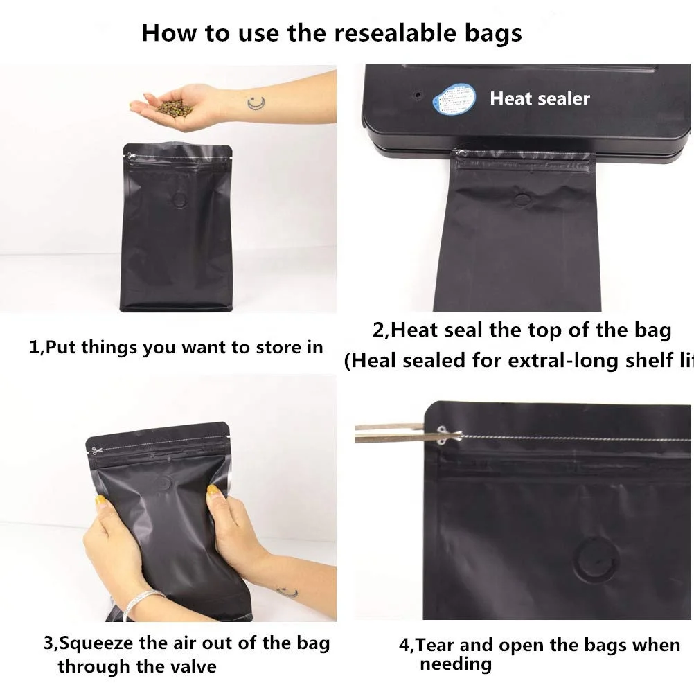 Mylar Plastic Custom Matte Black White Gold Food Packaging Pouches Resealable Zip Lock Stand Up Pouch Bulk Coffee Bags In Stock