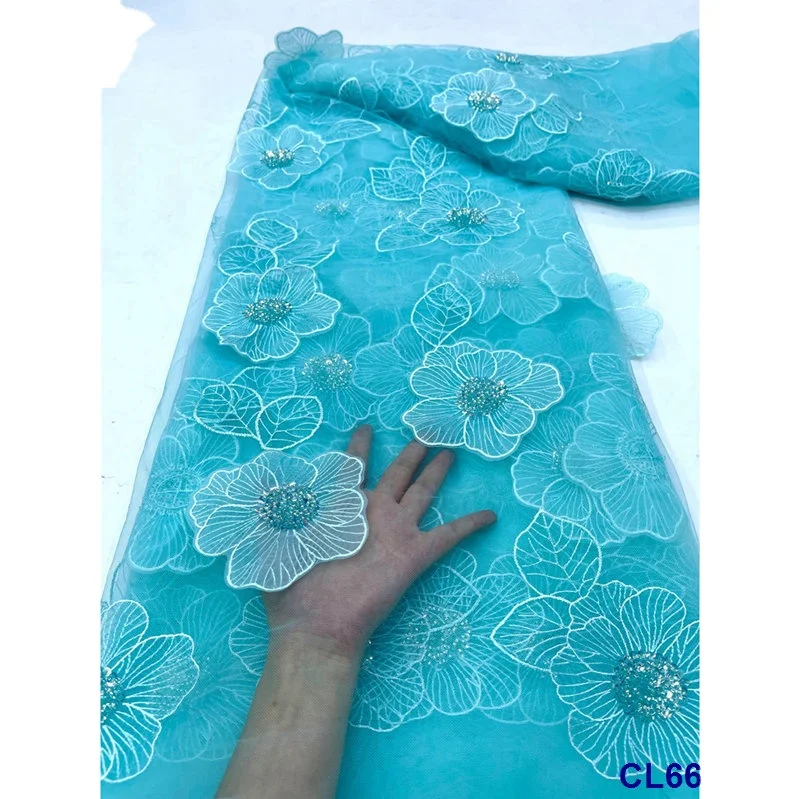 High Quality Heavy Beaded 3D Flower Lace Tulle Net Embroidered Fabric for Wedding Dress