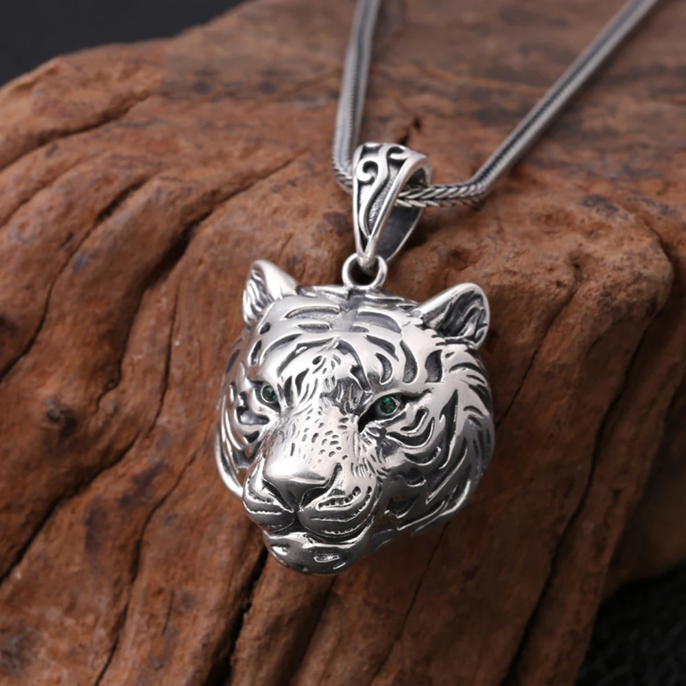 Real Pure Sterling Silver 925 Tiger Pendant For Men Cool Punk Rock Pendants Personalized Viking Jewelry