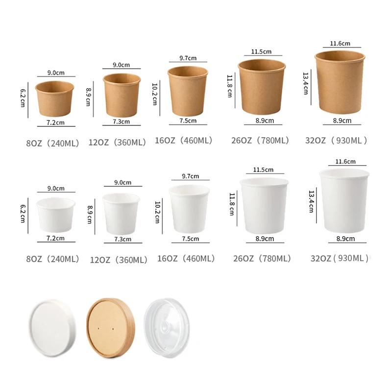 Eco Friendly Disposable takeaway food container 9 oz Kraft Paper noodle bowls Hot Soup Cups With Paper Flat Lid