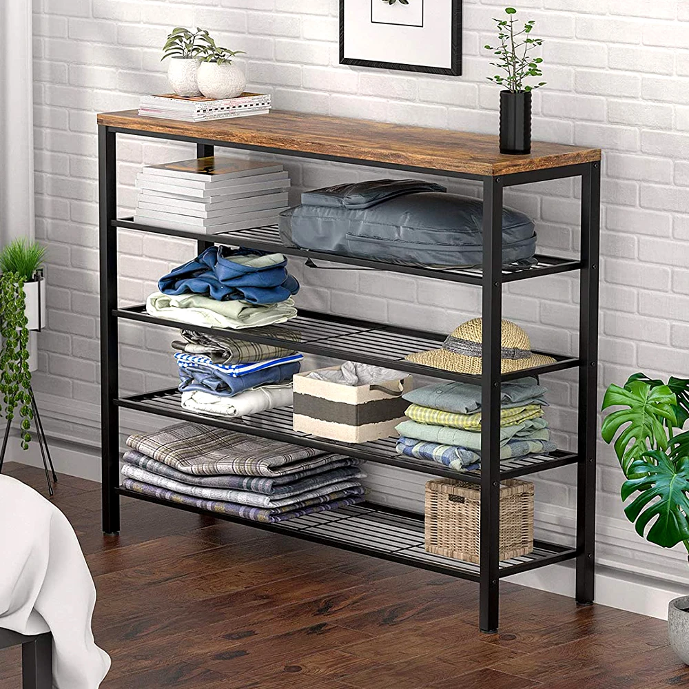 Morden Industrial Style Shoe Racks with Metal Frame and Wooden Bench Home Office Storage Shelf