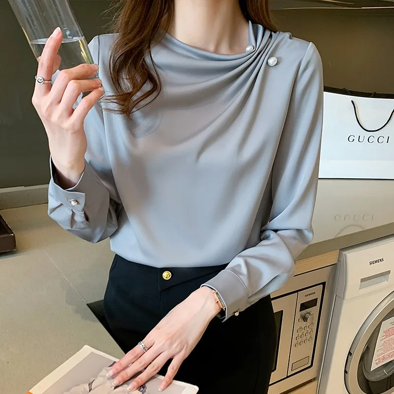 Summer Autumn Korean Design Retro Hong Kong Style Solid Long Sleeve Blouse Shirts with Beading 8360#