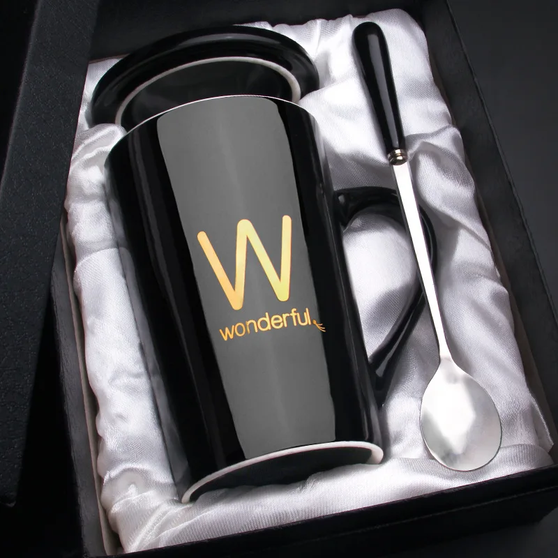 12oz OEM gift package high quality white or black porcelain bone china ceramic mug coffee cup with real golden custom logo