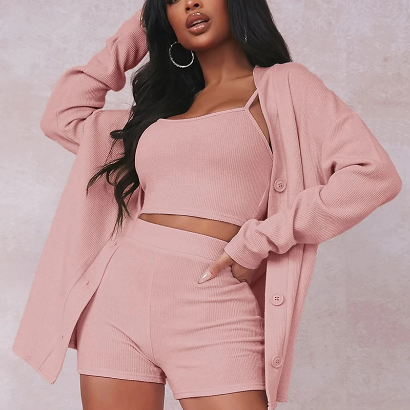 Women Sexy 95%Polyester 5%Spandex Rib-knit Crop Cami Top With Coat & Shorts 3pcs Set