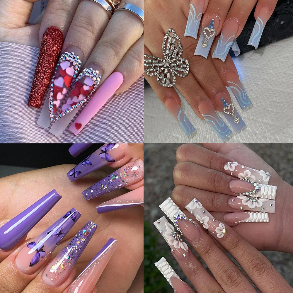 Meet All Luxury Private Label Super Long 3d Flower Fake Nails Press On Artificial Nails Hot Pink With Logo Wholesale 24pcs