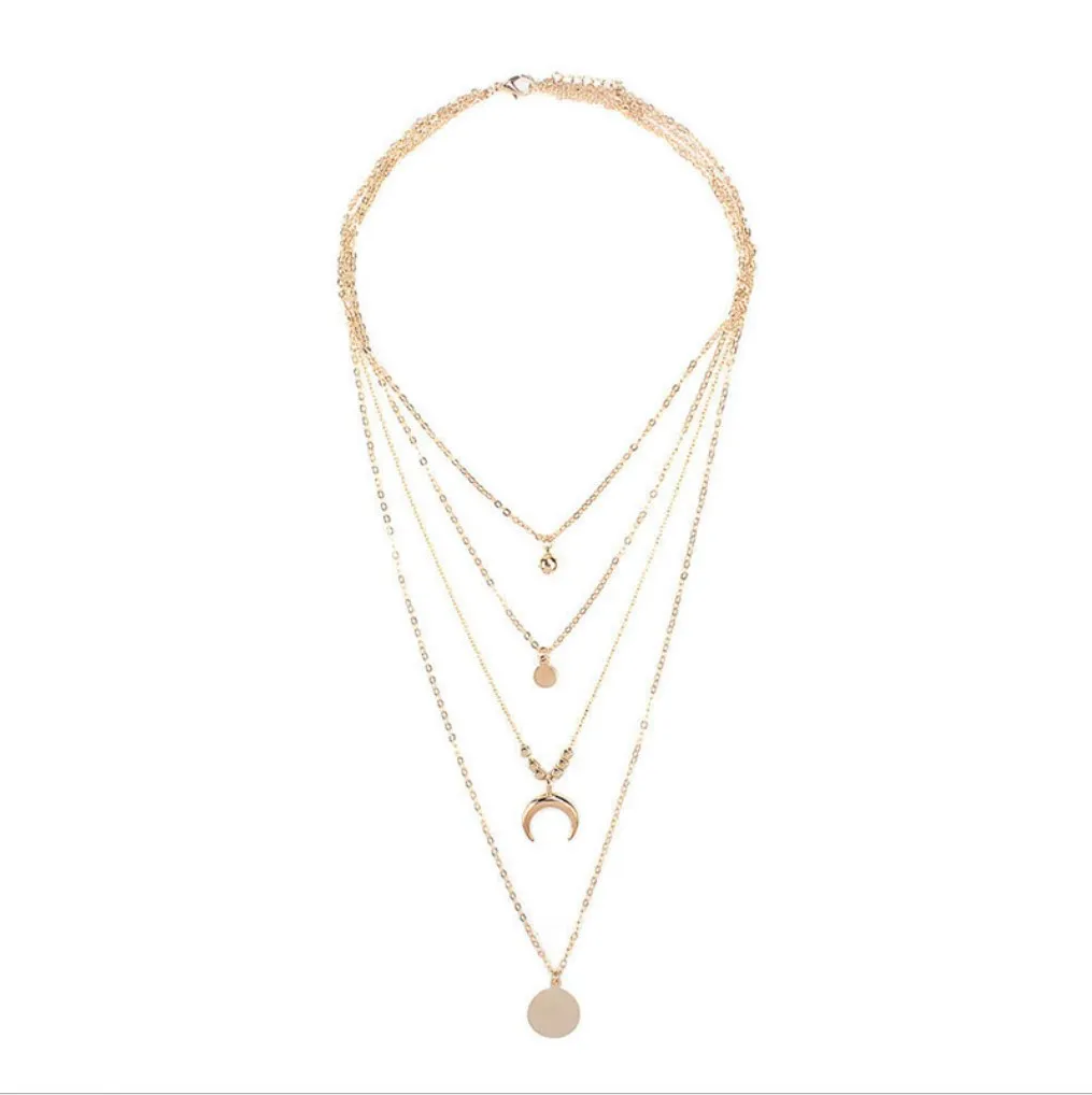 Fashion Moon Disc Multilayer Pendant Necklaces Gold Plated Multi Layer Charm Necklaces for Women Jewelry