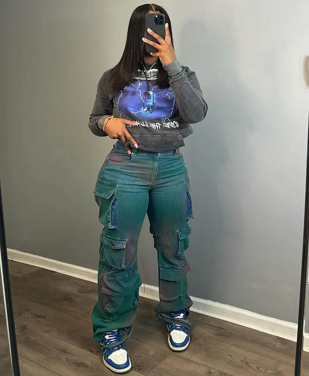 Sharee Hot Selling Tie Dye Jeans Pants For Women Y2k Wide Leg Baggy High Waist Straight Color Block Cargo Pants Women
