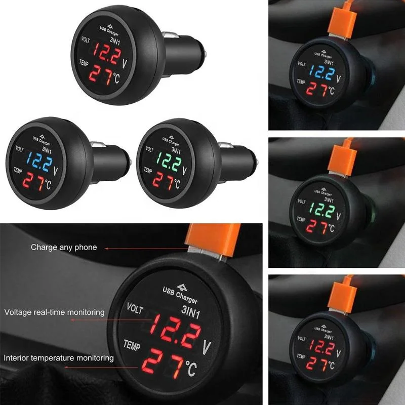 3 in 1 12/24V Car Auto Monitor Display USB Charging Charger For Phone Tablet GPS LED Digital Voltmeter Gauge Thermometer