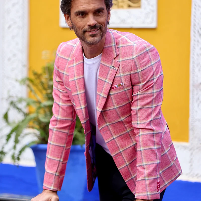 Custom Label Plaid Print Pink Top Brand Men Bespoke Blazer Coat High Quality Slim Fit Casual Office Suits For Men