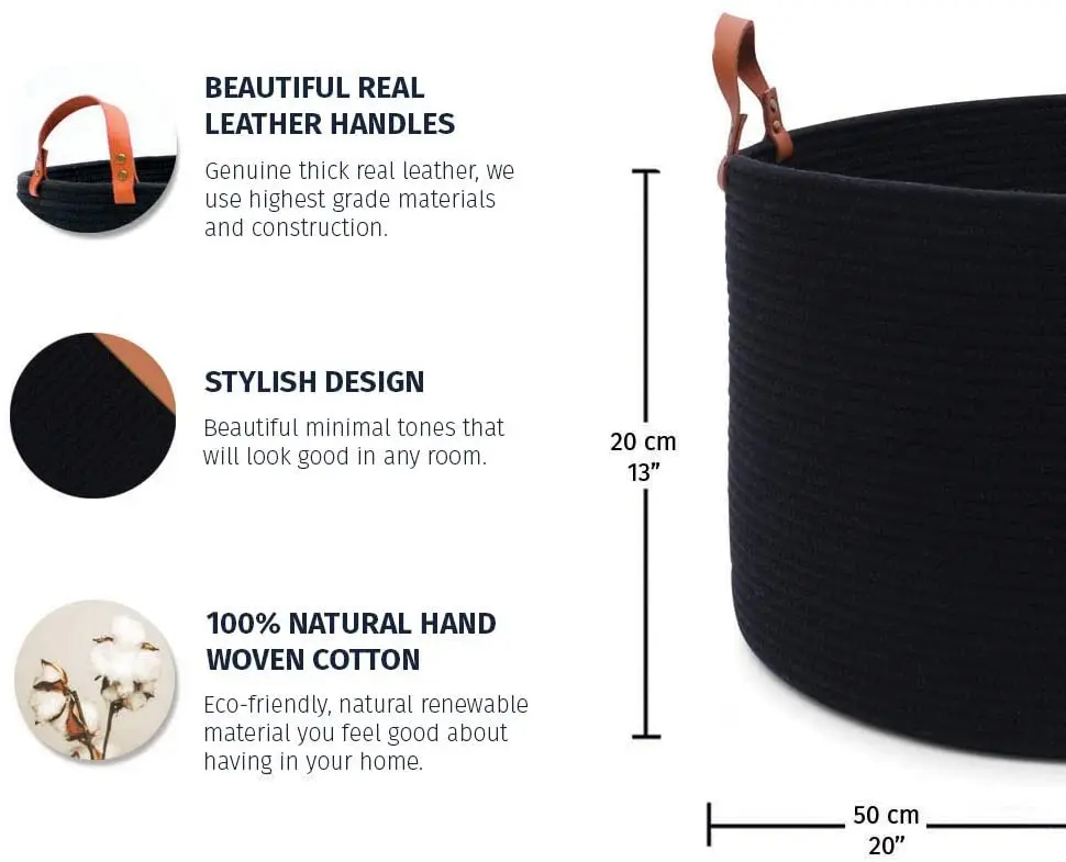 Decorative Floor Basket for Living Room with Genuine Leather Handles Black Extra Large Woven Cotton Rope Blanket Storage Basket
