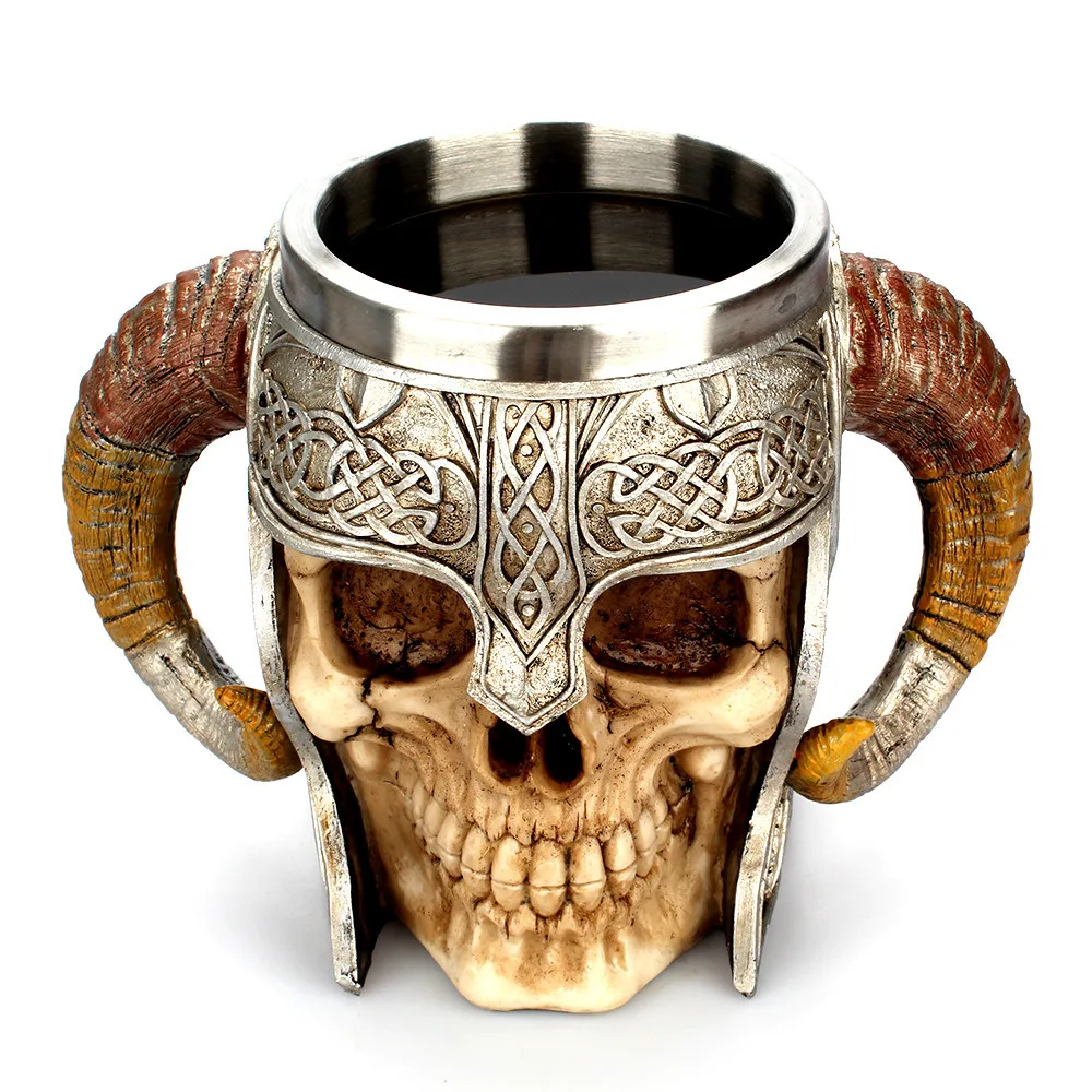 Unique Skeleton Stein Tankard Drinking Viking Horn Mug for Beer Coffee Stainless Steel Skull Mug Viking Horn Cups for Drinking