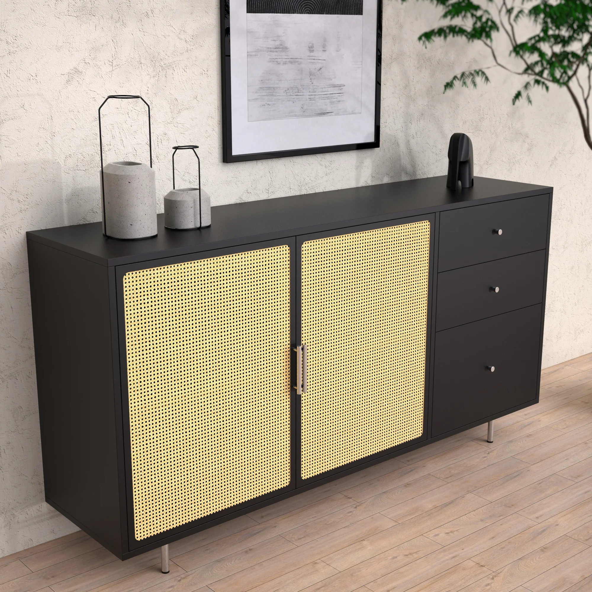 Nordic style Rattan art mesh door metal cabinet double-layer steel plate Chest  bookcase dinner cabinet