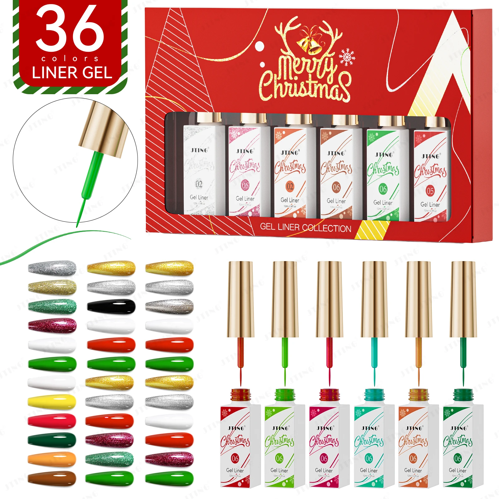 JTING Popular New design 6colors Christmas nail art gel liner collection set box OEM 36color Optional liner gel polish