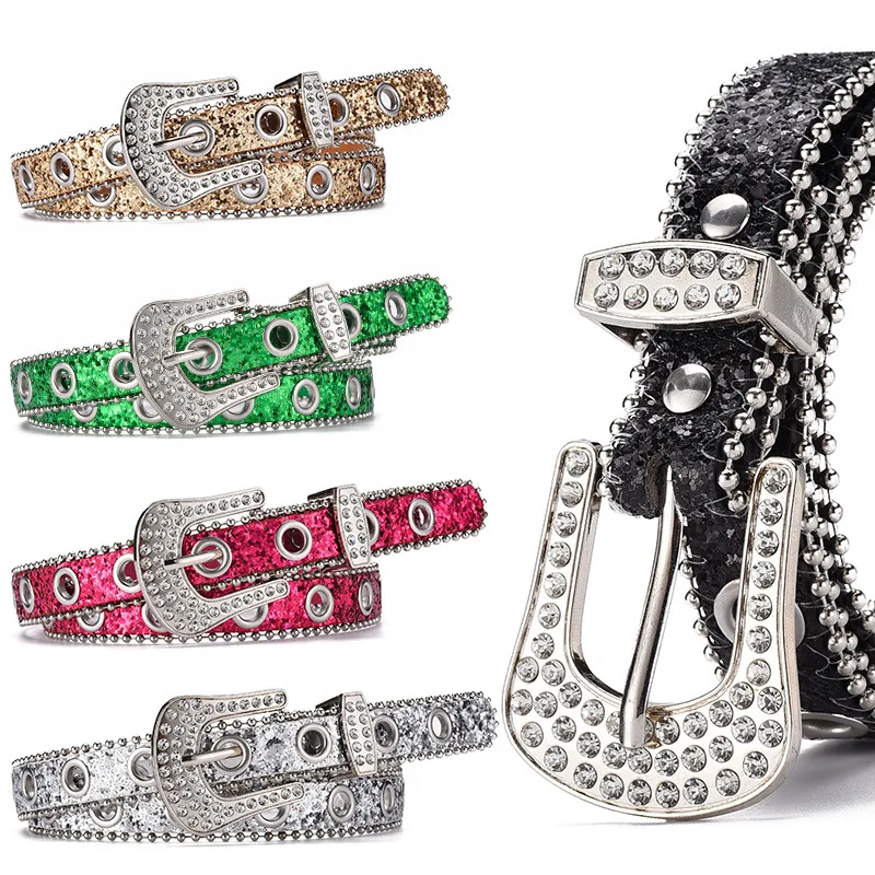 New Style Glitter PU  Leather Belt With Rhinestone Buckle