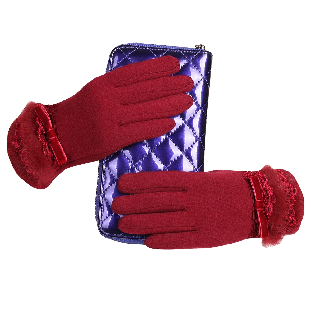 Женские перчатки из полиэстера, спандекса, Коралловая подкладка, полоски из кроличьей шерсти, декоративные перчатки из проводящей пряжи для сенсорного экрана