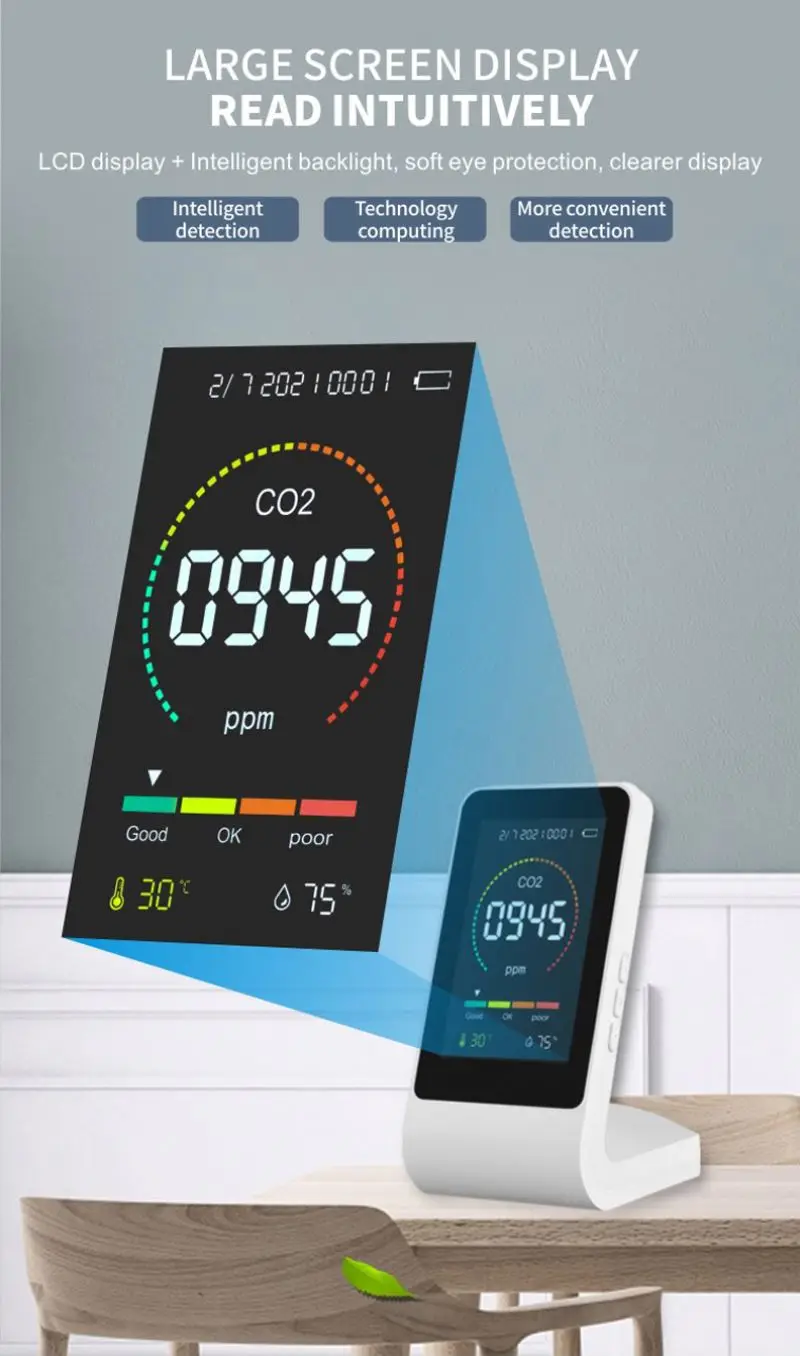 C Small Portable Indoor Desktop Automatic Alarm Infrared CO2 Sensor Air Quality Monitor Detector De CO2 Carbon Dioxide Meter