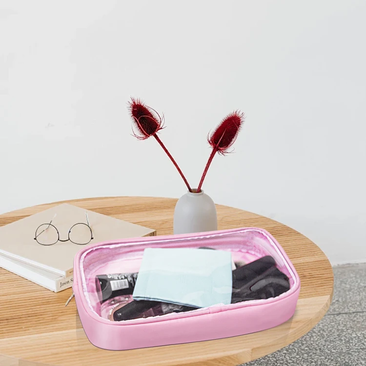 Waterproof Good Quality Long Pink Large Zipper PVC Cosmetic Transparent Clear Make Up Nylon Pouch Makeup Bag
