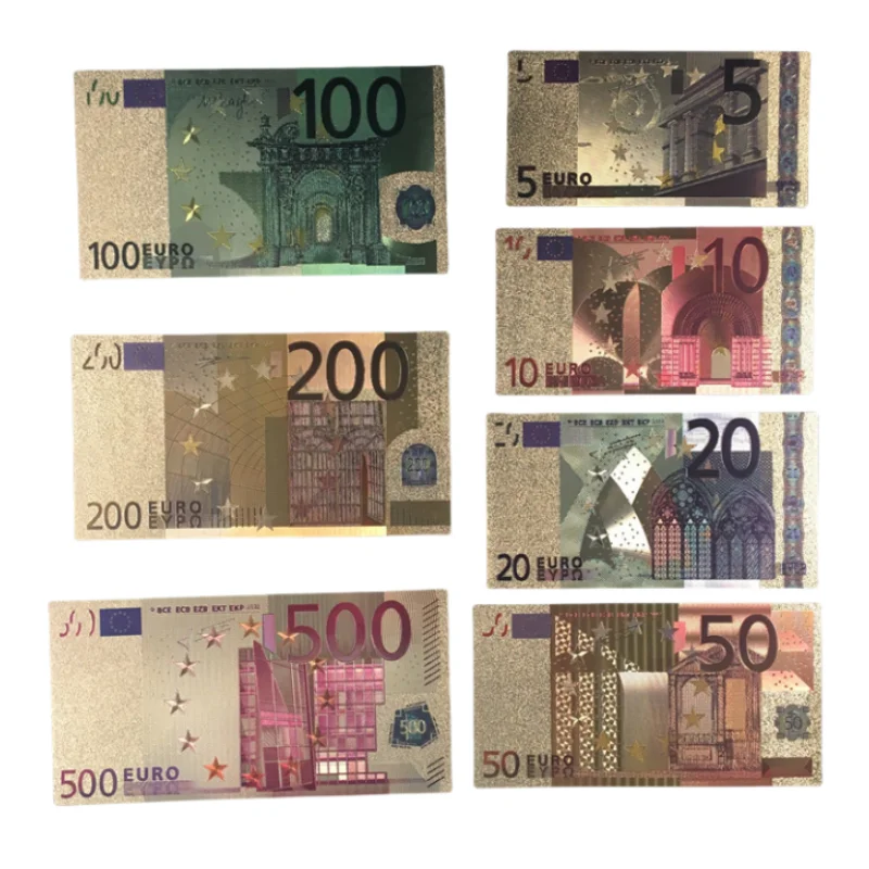 XR 7pcs/set Euro  banknotes 7 pieces 24k silver foil 5, 10, 20, 50, 100, 200, 500 EUROS  bills for Kids Educational