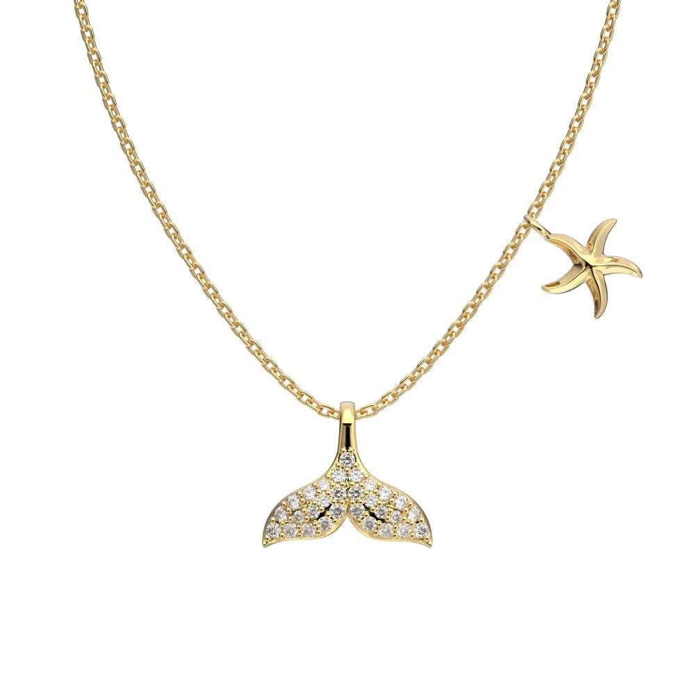 ACME S925 Silver Star Micro Paved Zircon Chain Gold Plated Mermaid Fish Whale Tail Charm Dolphin Necklace Sparkling  Pendant