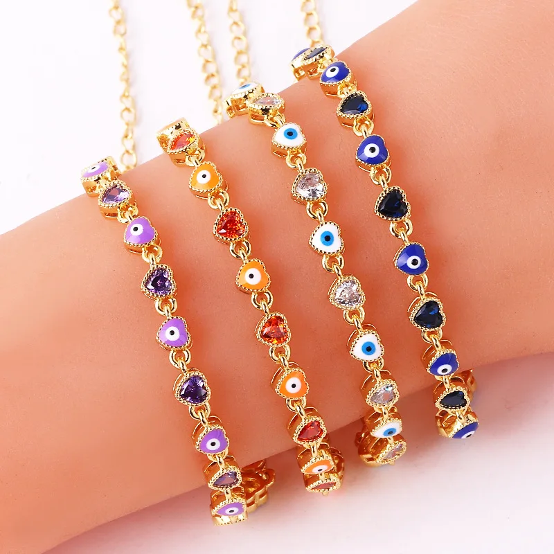 Wholesale colorful cute dripping oil small eyes sweet heart shape zircon enamel beaded chain bracelet for women girl