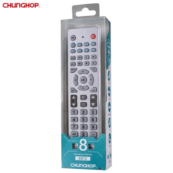 E812 Home Devices 8 in 1 Audio Video Players DVD Satellite TV Receiver Remote Control with Learning
