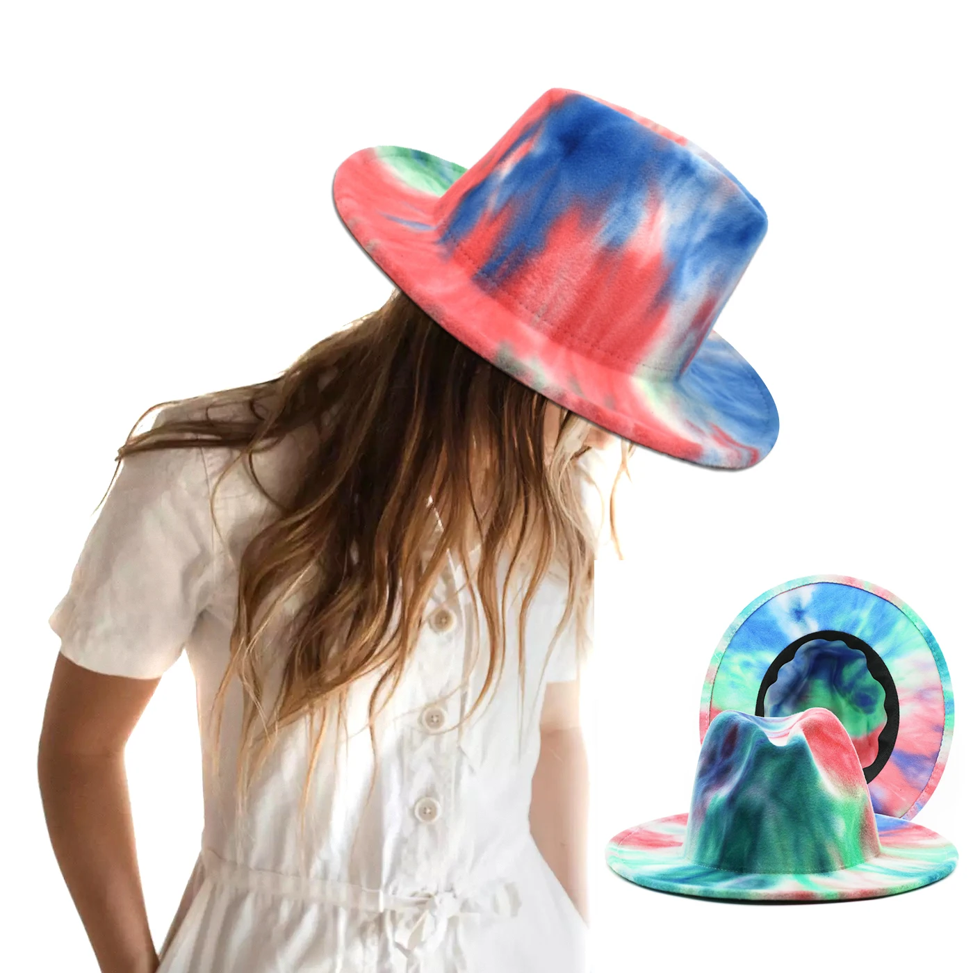 
Classic Tie Dye Fedora Hat for Women Mens Wide Brim Panama Jazz Hat Tie-Dye Hat for Party Costumes 